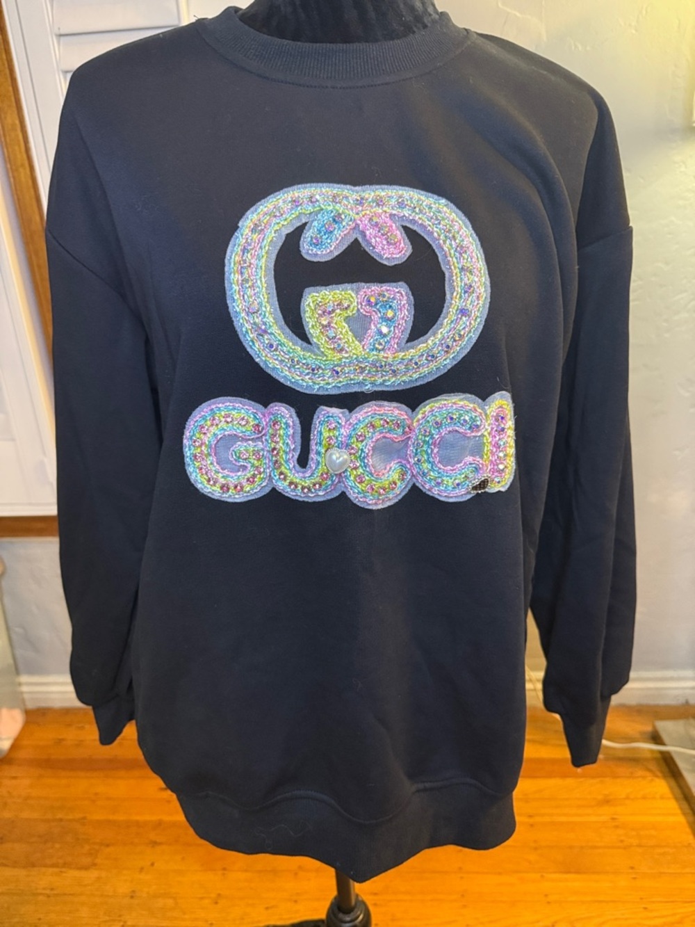 Black Crewneck Sweater with Multicolor Sequin Logo